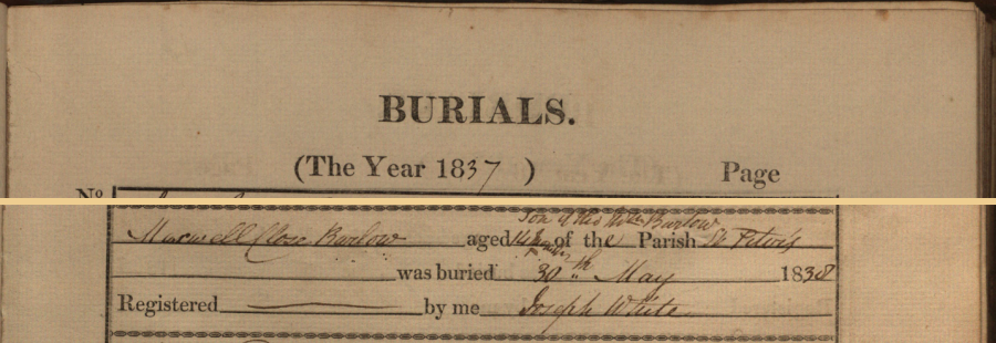 Burial record of Maxwell Close Barlow